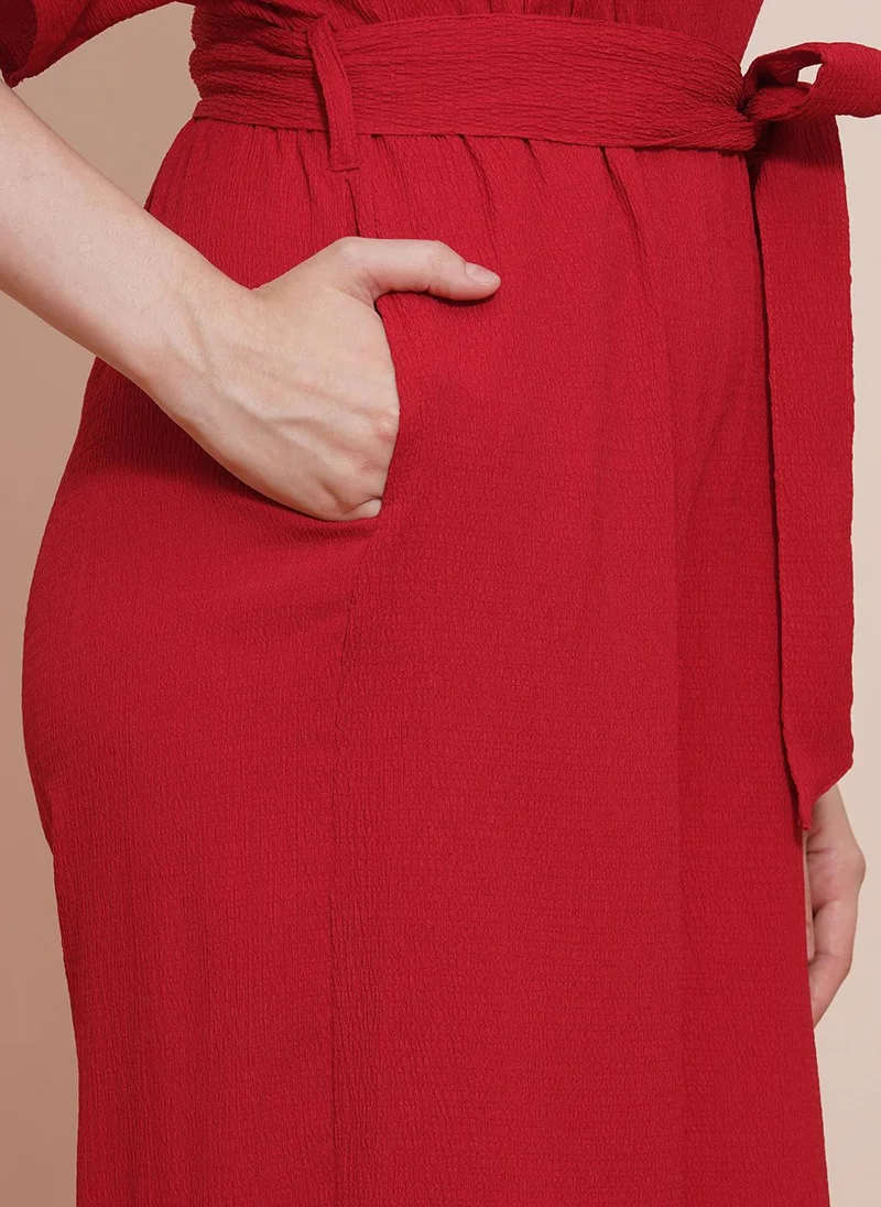 globus Red Globus Women Round Neck With V Cut Kimono Sleeves Waist Tie-Up Longline Jumpsuit for Women | Best Price UAE
